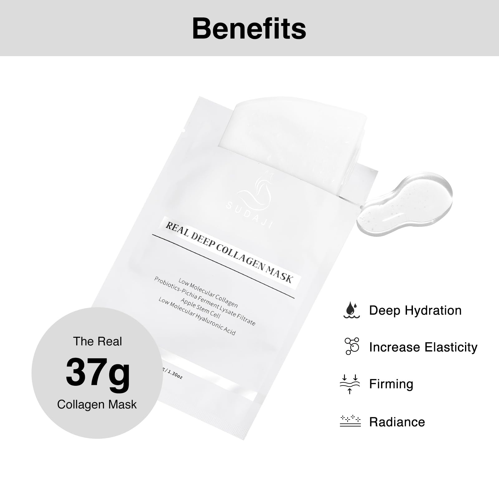 SUDAJI Collagen Face Mask (37gx5ea), Hydrating Overnight Hydrogel Mask with Probiotics, Apple Stem Cells- Elasticity, Firming, and Moisturizing